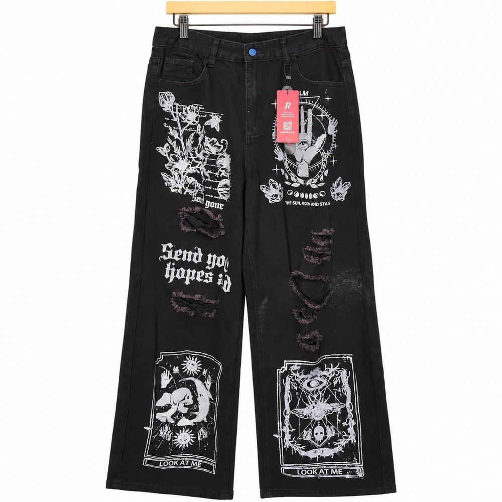Romwe Graphic Distressed Wide Leg Jeans Mens L Black New Celestial Streetwear